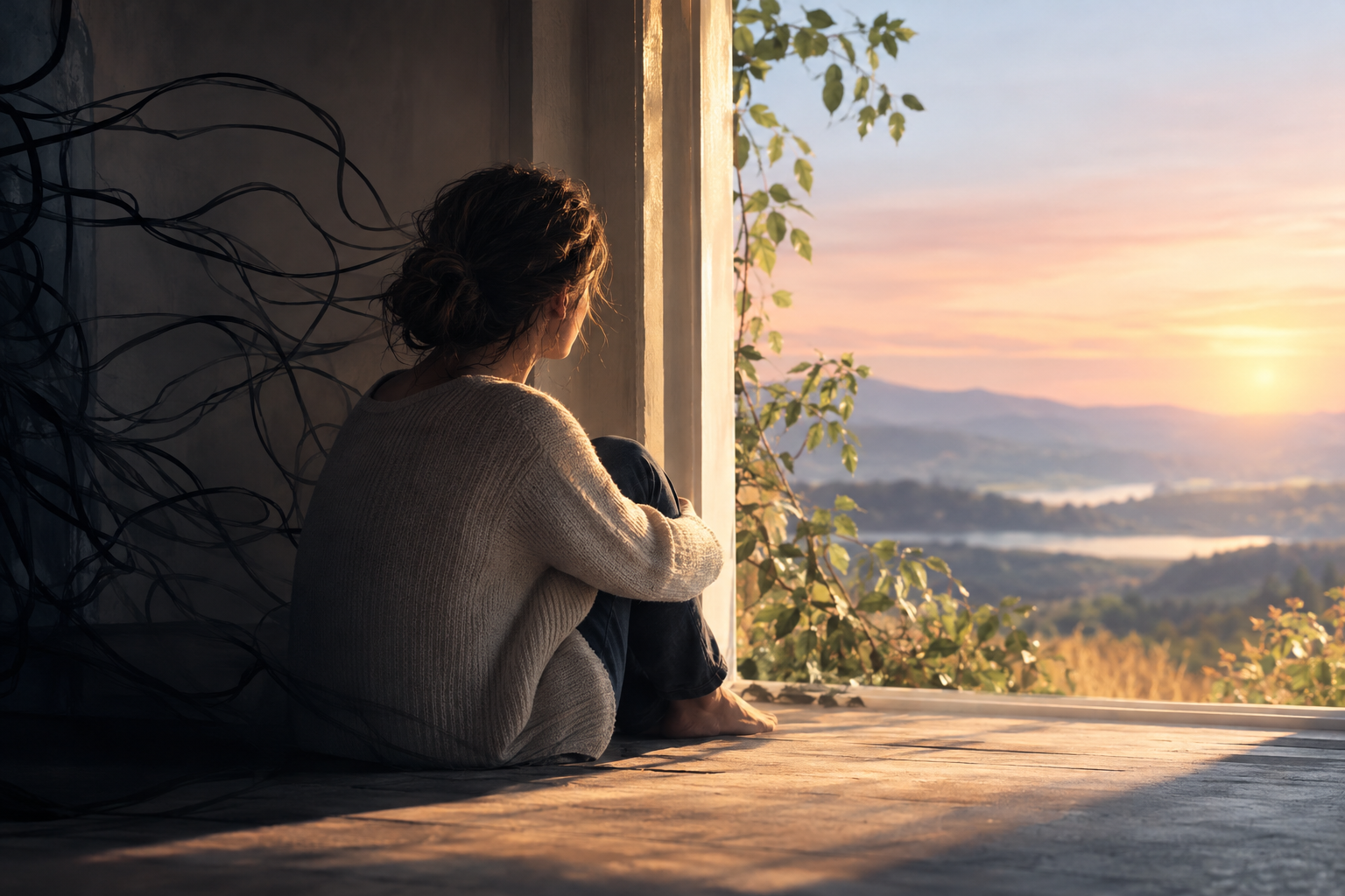 A woman sitting in a shadowed doorway, looking out at a sunrise over open hills